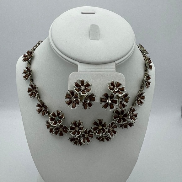 Vintage Necklace Matching Set Earrings Brown White Clear  Crystal - Picture 1 of 8